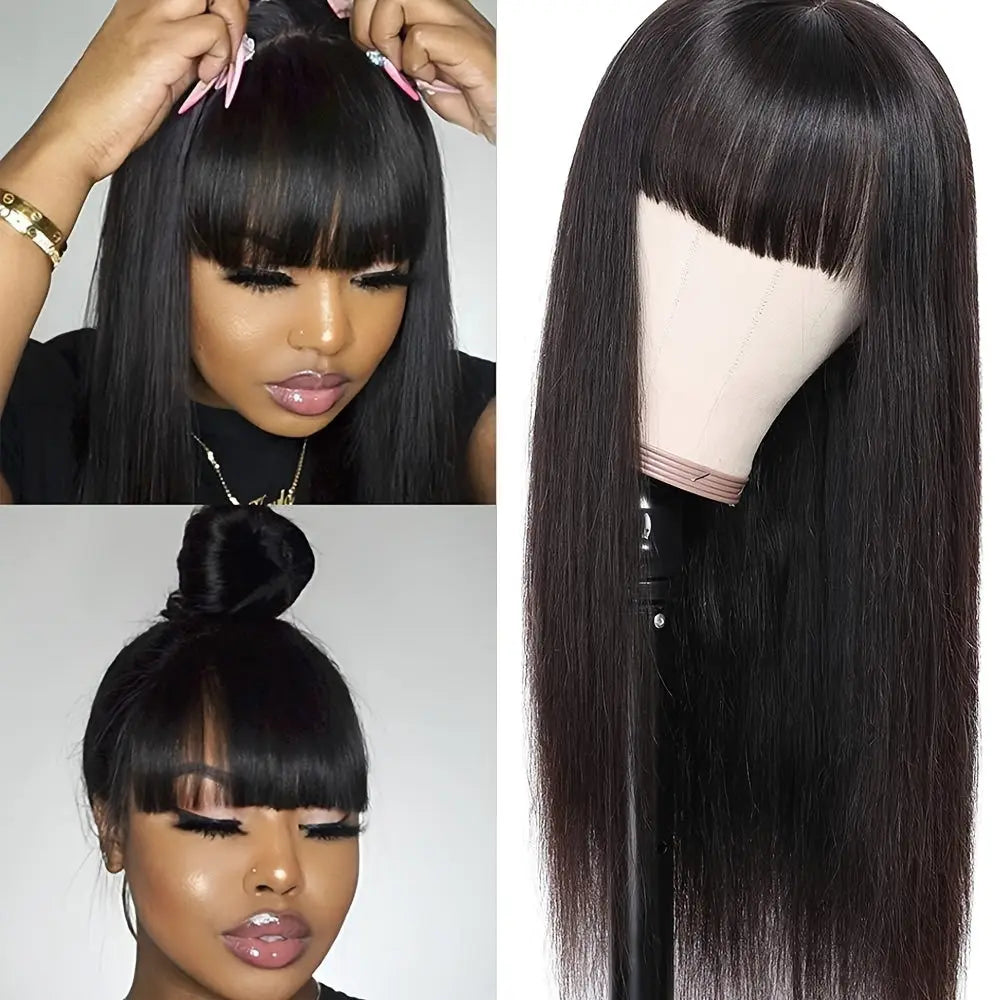 Straight Human Hair Wigs With Bangs None Lace Front Wigs Human Hair Straight Wigs 150% Density Put On And Go Wigs Brazilian Virgin Human Hair Wigs For Women Natural Color