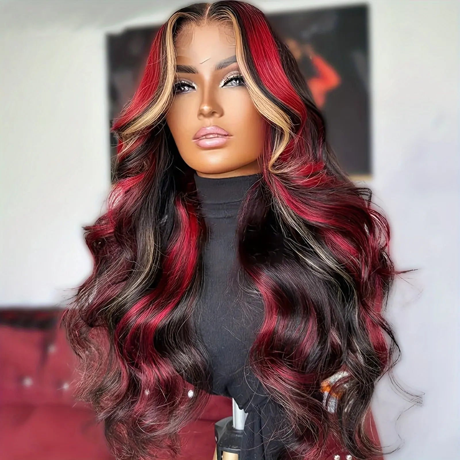 13*4 Lace front wig Skunk Stripe Wigs Black Red Blonde Highlights Wig Body Wavy Lace Front Glueless Curly Wig Black Blonde Burgundy Synthetic Lace Front Wigs for Women