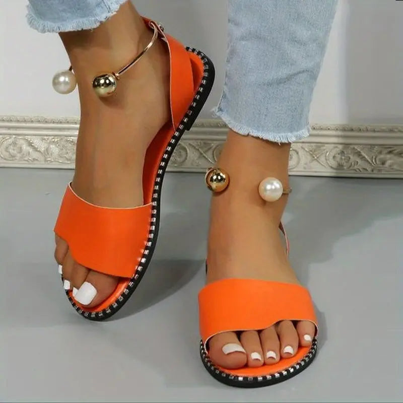 Women's Flat Sandals, Solid Color Beaded Beach Shoes, Slingback Slides for Koningsdag/King's Day Avivanastore