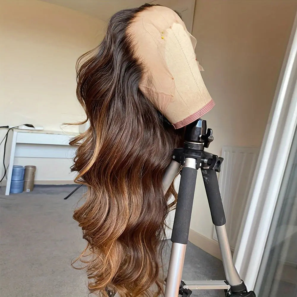 Auburn Brown Highlight Lace Front Wig 13*4 Inch Body Wave Synthetic Lace Front Wigs for Women Long Wavy Glueless Wigs for Daily Party Use