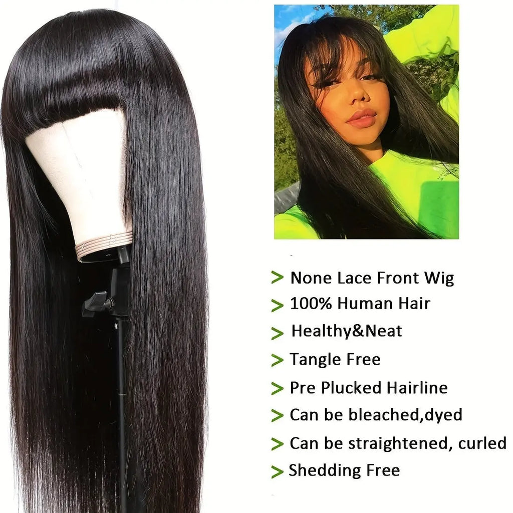 Straight Human Hair Wigs With Bangs None Lace Front Wigs Human Hair Straight Wigs 150% Density Put On And Go Wigs Brazilian Virgin Human Hair Wigs For Women Natural Color