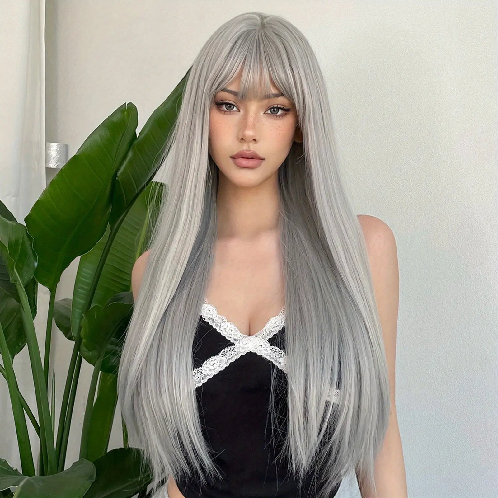 Silvery Grey 26 Inch Long Straight Hair Wigs With Bangs Heat Resistant Synthetic Hair Wigs For Women Girls For Cosplay Party Daily Taking Photos Use Music Festival