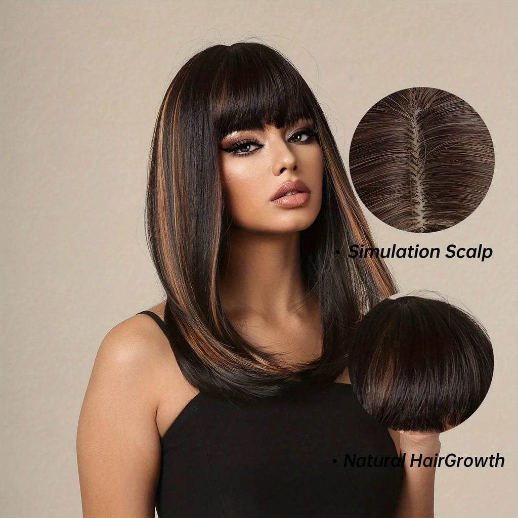 16 Inches Long Straight Brown Wigs with Brown Highlight Synthetic Wigs Women'S Wigs for Daily Use Party or Cosplay Taking Photos LC2078-1