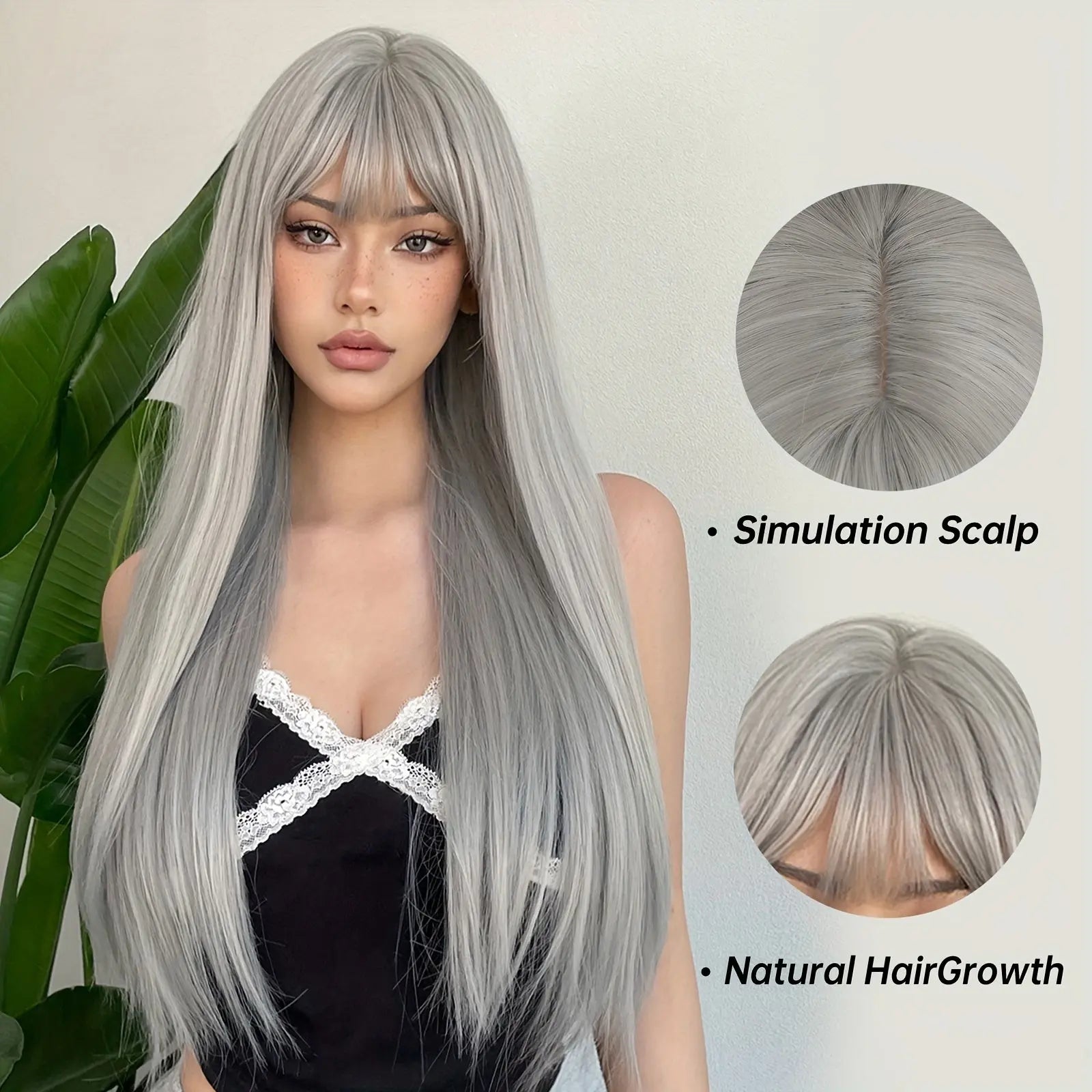 Silvery Grey 26 Inch Long Straight Hair Wigs With Bangs Heat Resistant Synthetic Hair Wigs For Women Girls For Cosplay Party Daily Taking Photos Use Music Festival