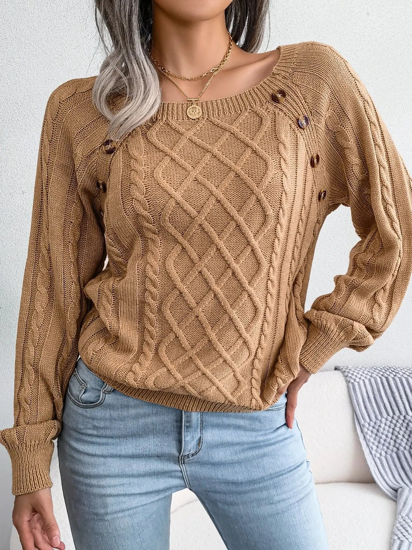 Texture Button Lantern Sleeve Sweater - Women's Round Neck Sweater Avivanastore