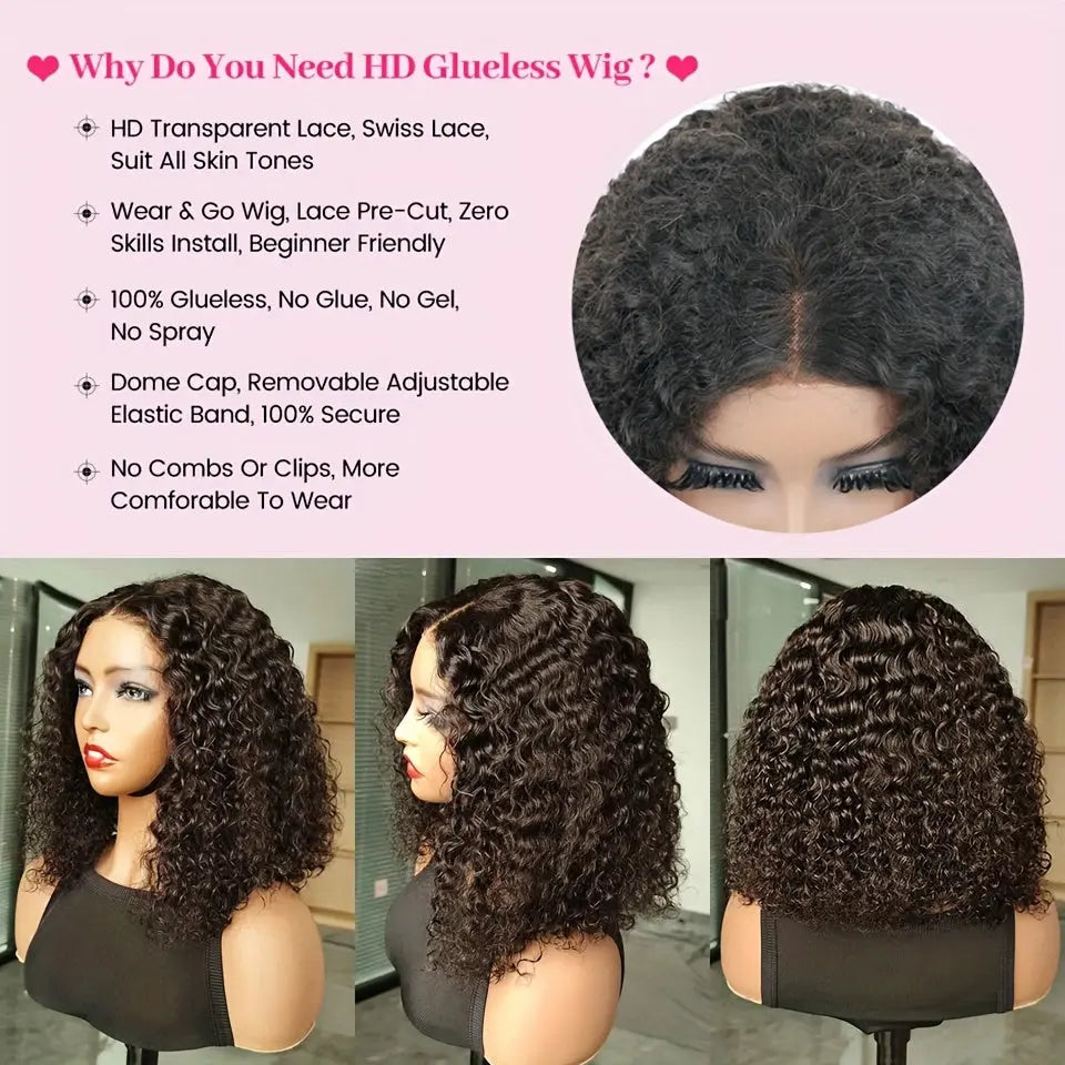 Wear & Go Glueless Bob Wig Human Hair 4x4 HD Lace Front Closure - 200% Density 's Straight Hair System with Pre-Plucked Hairline & 3D Technology (No Glue/Bond) | Instant Volume, Short Bob Cut Wigs