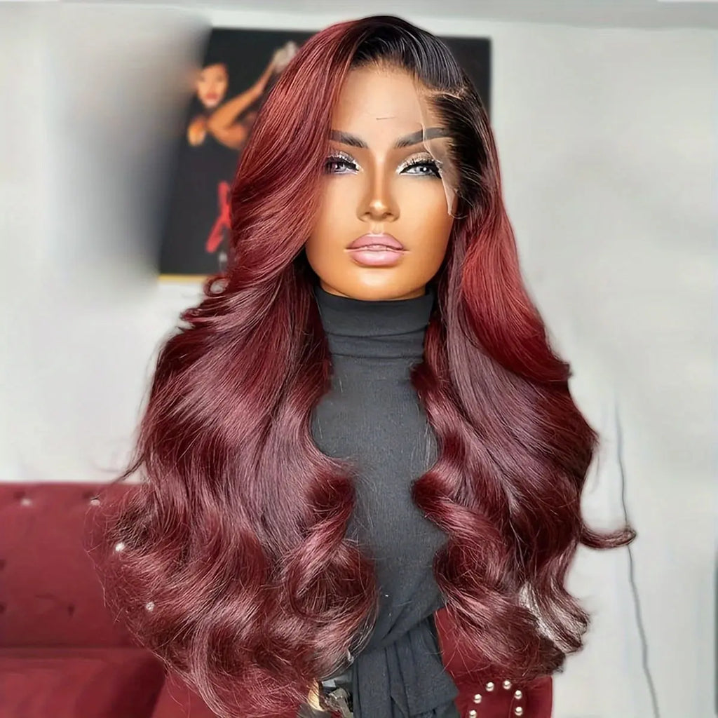 99J Lace Front Wig Synthetic Hair Loose Curly Wave Glueless Wigs for Women Dark Burgundy with Black Roots Body Wave Pre Plucked with Baby Hair