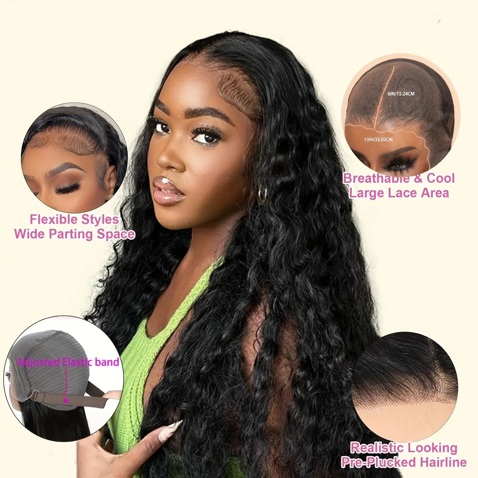 Put On And Go 13x6 Water Wave Wig - Glueless Human Hair Wig with 200% Density, Pre-Plucked & Pre-Cut HD Lace Frontal, Deep Curly Wigs for Women, Easy to Wear for Beginners, Natural Look for Black Individuals, Wig Accessories