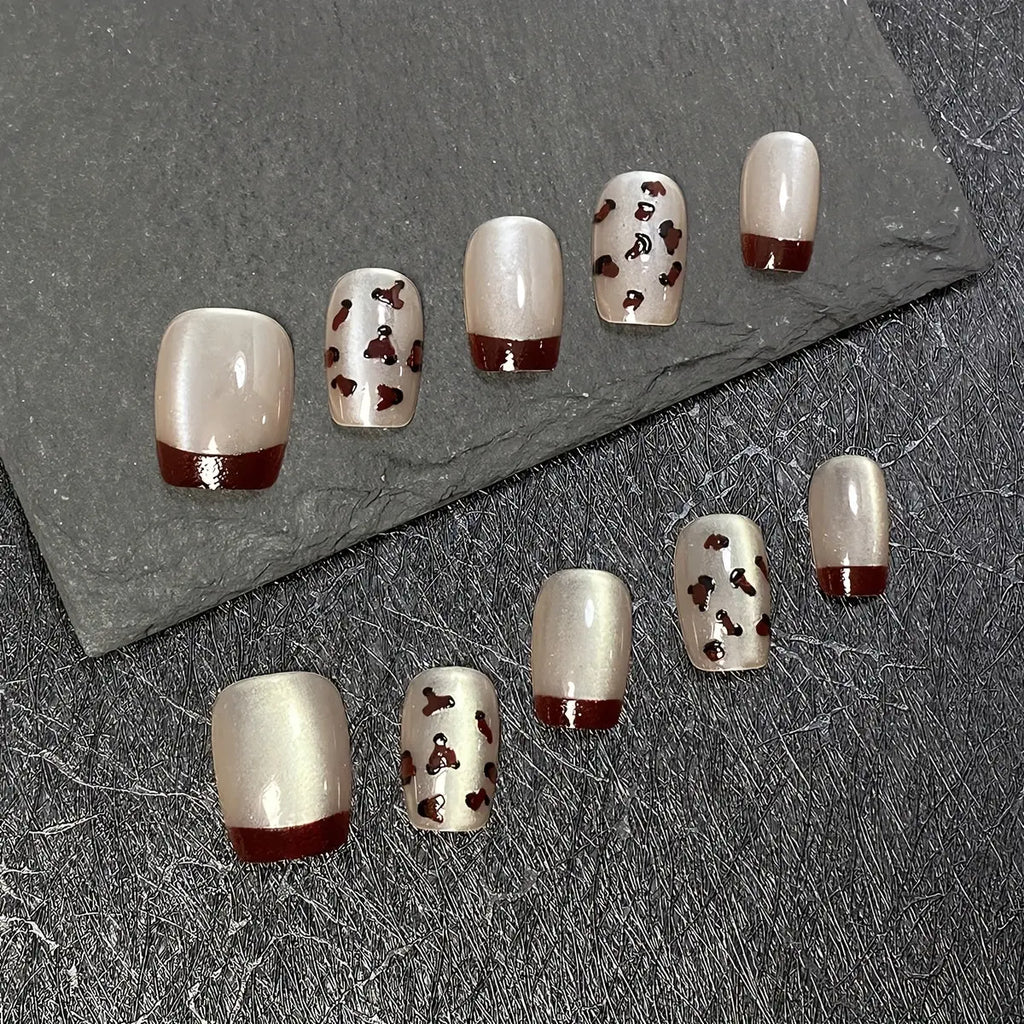 10pcs Handmade Removable Short Ballet Nail Set - Pink Cat Eye Red French Leopard Gradient Glitter, Full Coverage Finger Nails for Parties, Balls, Everyday Wear, Nail Accessories, Ball Nails, Festive Nail Art, Glossy Finish