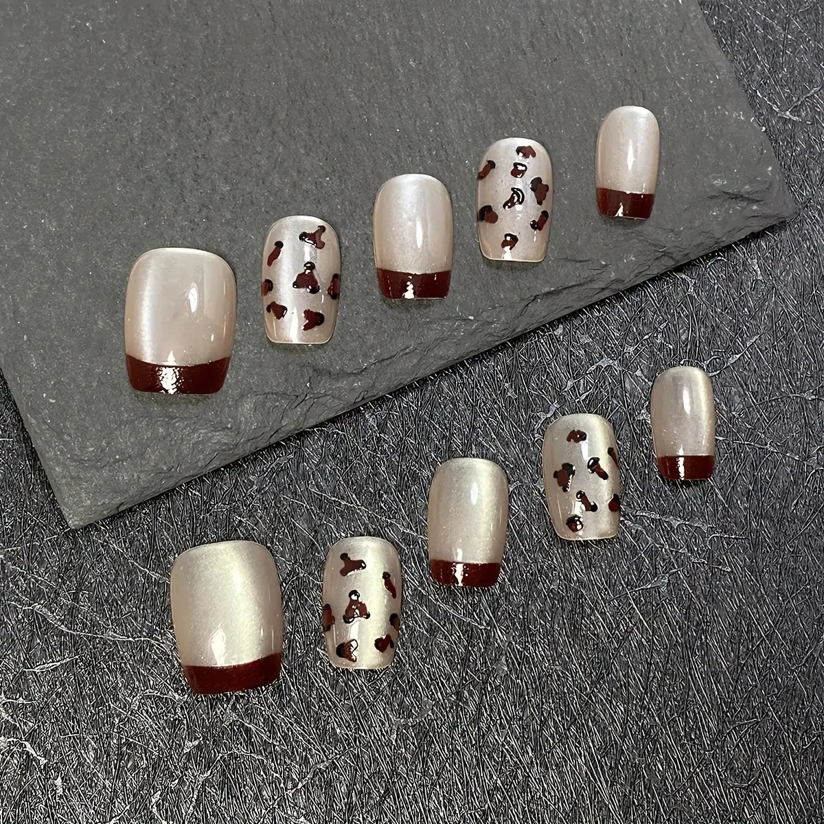 10pcs Handmade Removable Short Ballet Nail Set - Pink Cat Eye Red French Leopard Gradient Glitter, Full Coverage Finger Nails for Parties, Balls, Everyday Wear, Nail Accessories, Ball Nails, Festive Nail Art, Glossy Finish