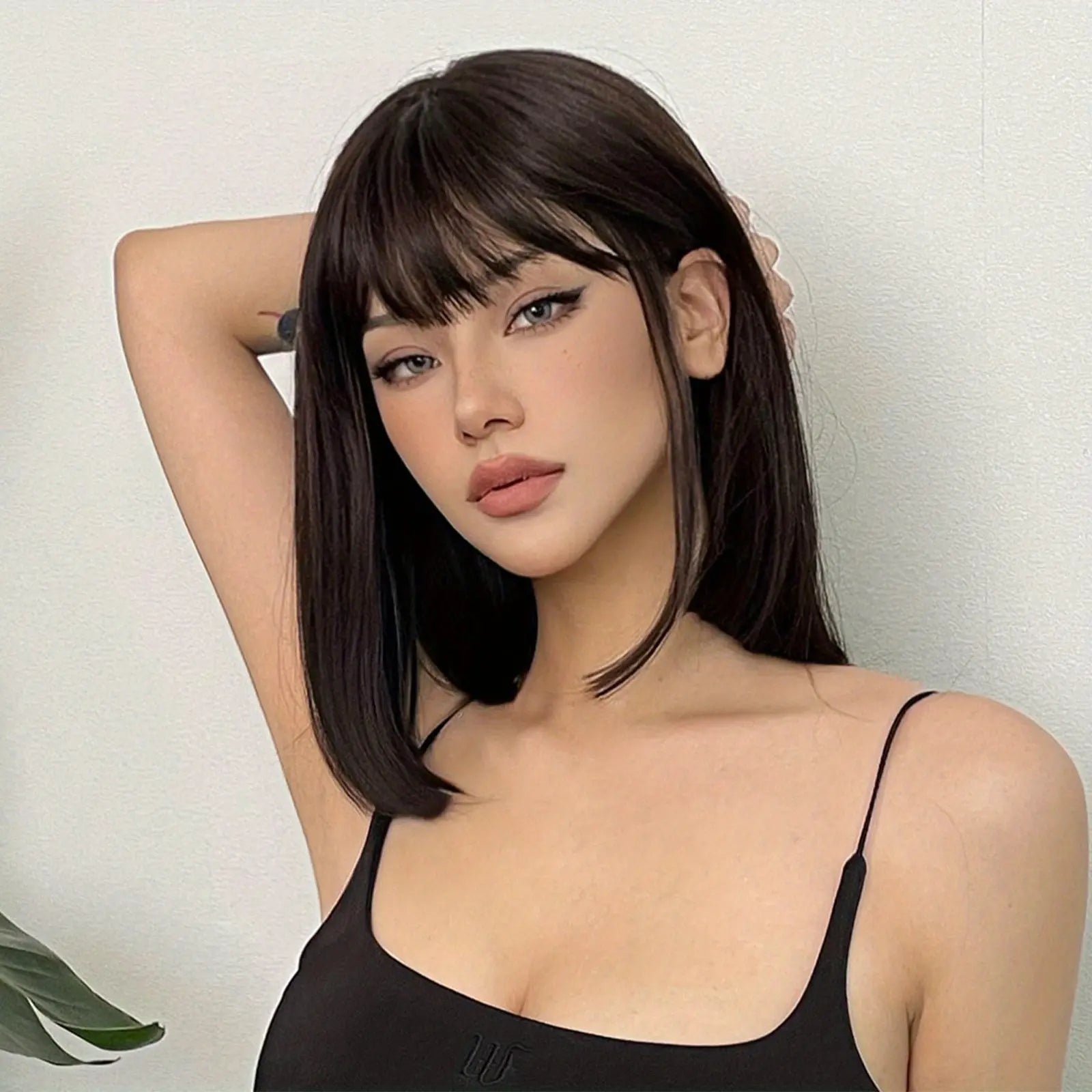 Brown 14 Inch Bob Short Straight Hair Wigs With Bangs Cute Synthetic Fiber Women's Wigs For Daily Halloween Party Cosplay Use Music Festival