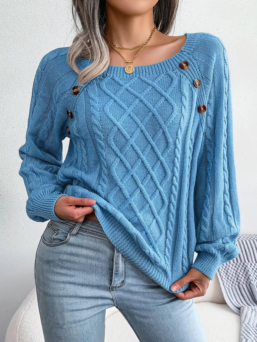 Texture Button Lantern Sleeve Sweater - Women's Round Neck Sweater Avivanastore