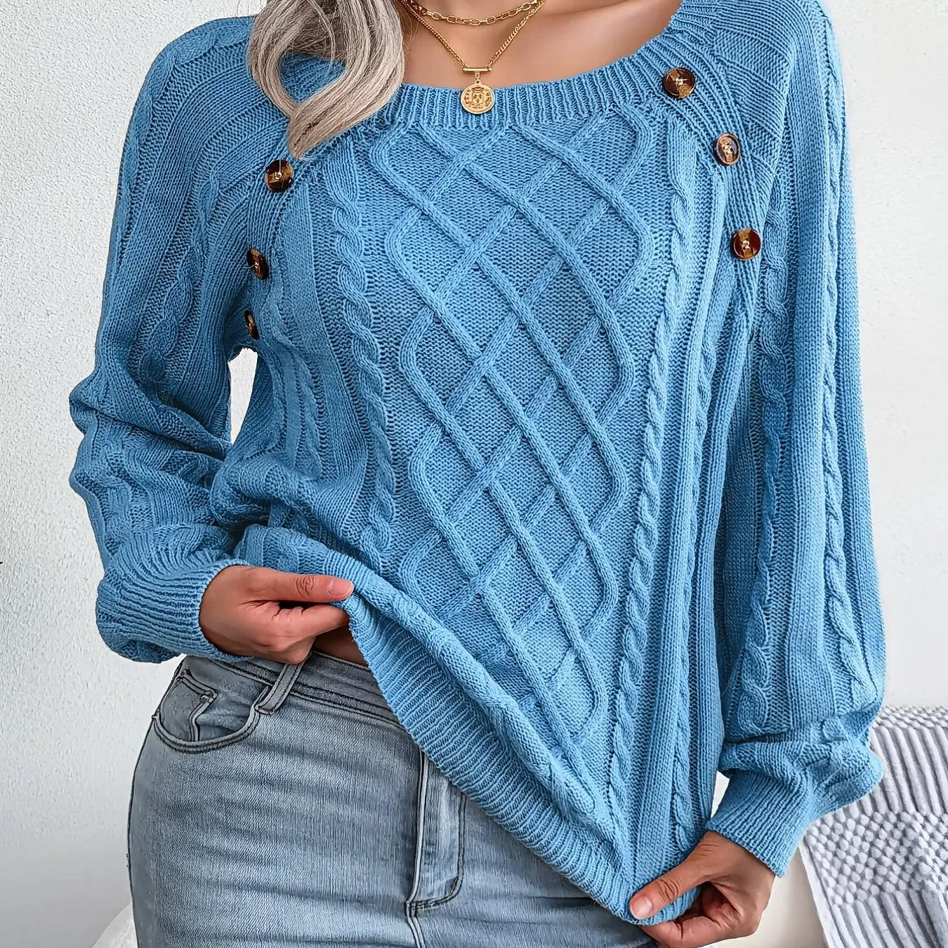 Texture Button Lantern Sleeve Sweater - Women's Round Neck Sweater Avivanastore