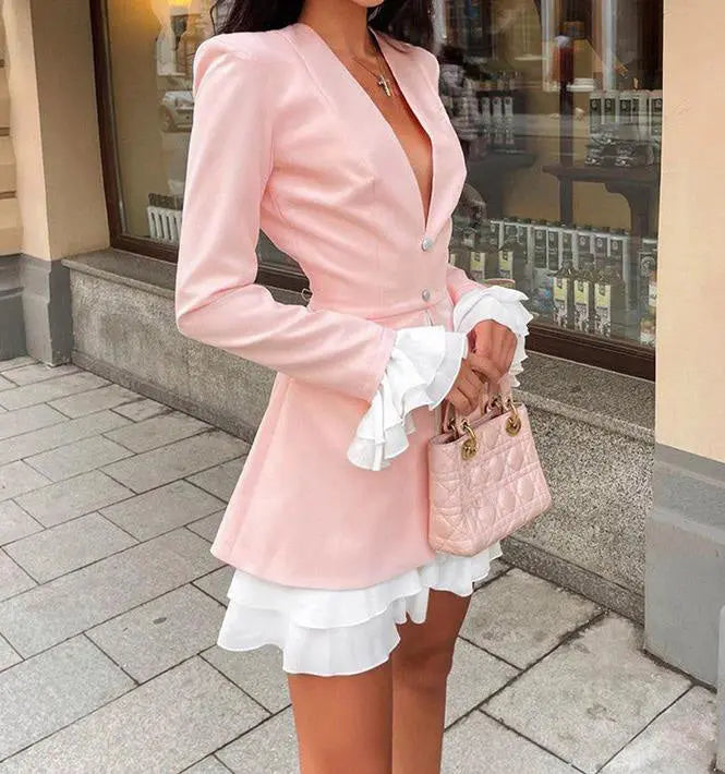 Dresses for Women 2023 Elegant Ruffle Hem Long Sleeve V-Neck Blazer Dress Button Blazer Work Formal Dresses Commuting