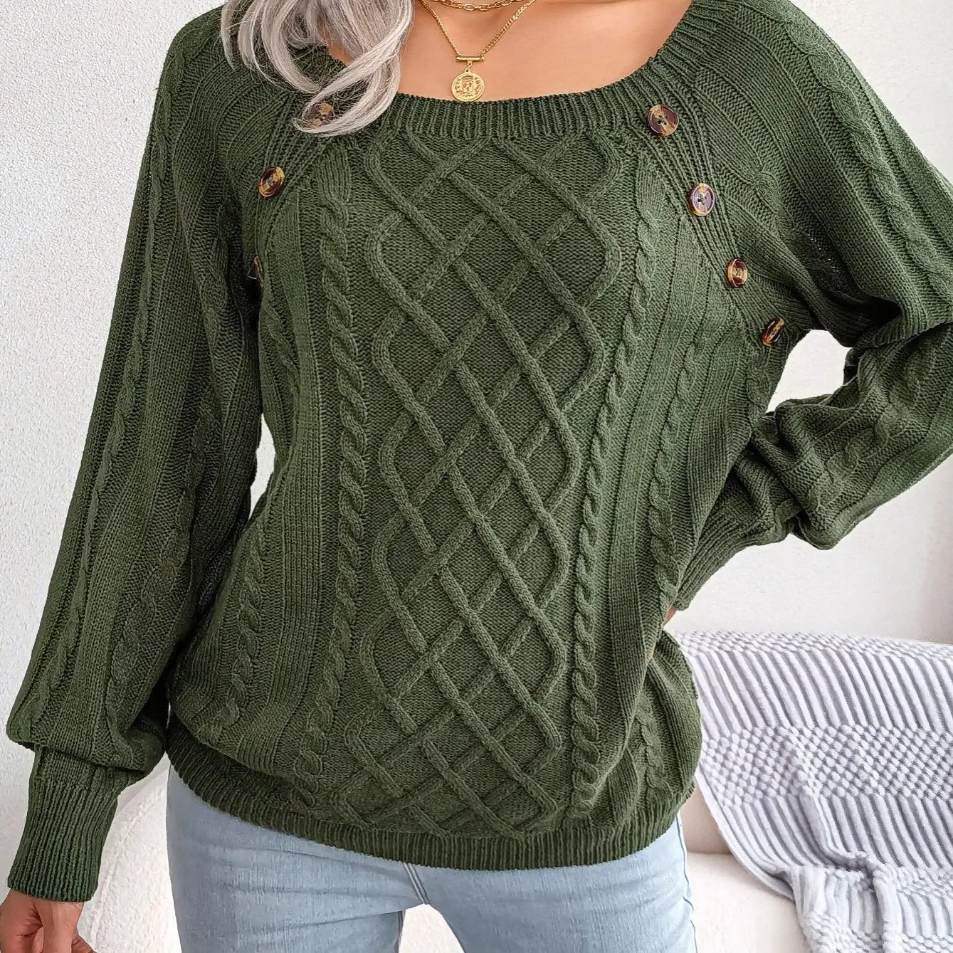 Texture Button Lantern Sleeve Sweater - Women's Round Neck Sweater Avivanastore