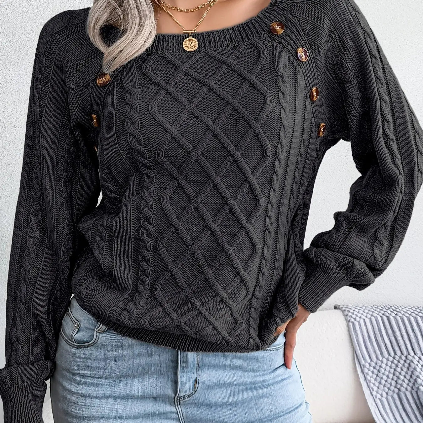Texture Button Lantern Sleeve Sweater - Women's Round Neck Sweater Avivanastore