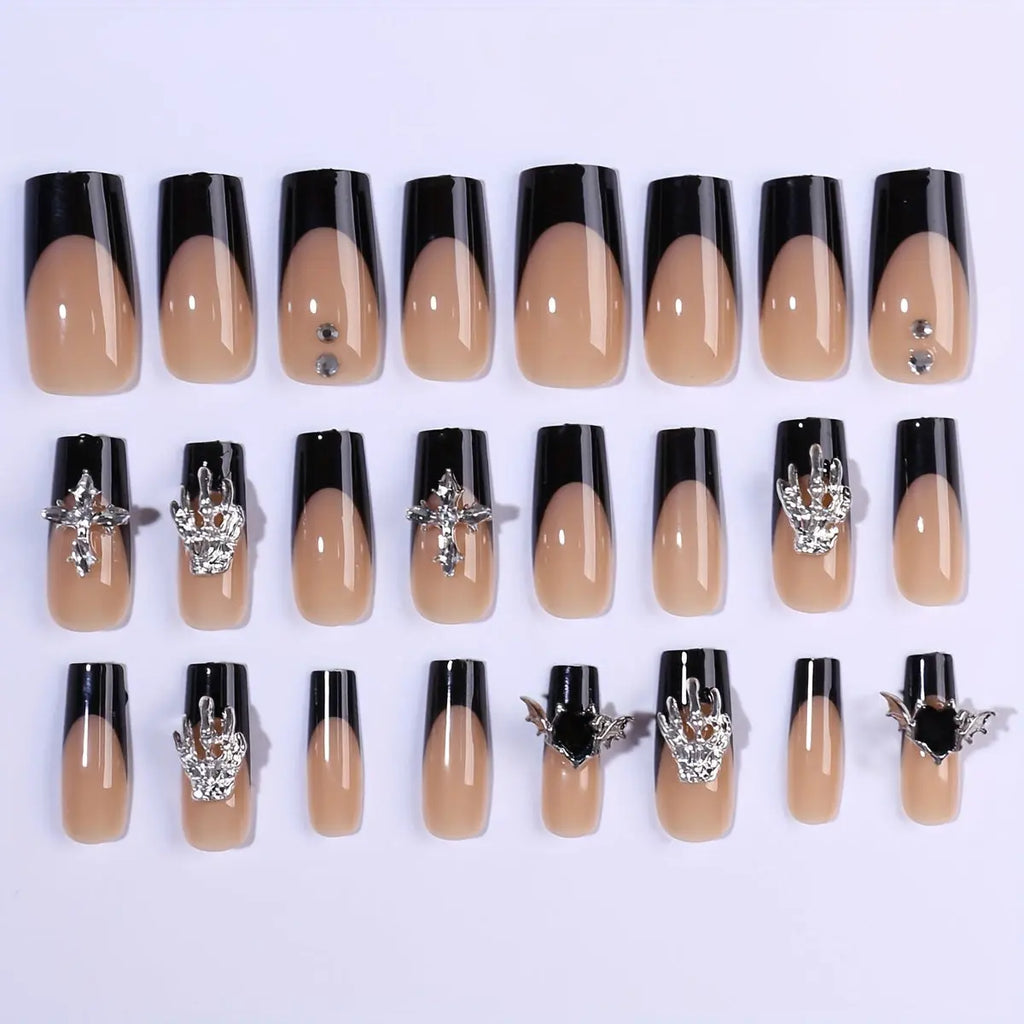 24 Pieces Of Long Square Dark Skull Sweetheart Bat Dark Knight Cool Girl Milk Bone Dark Finger Nails With 1 Piece Of Jelly Glue And 1 Piece Of File