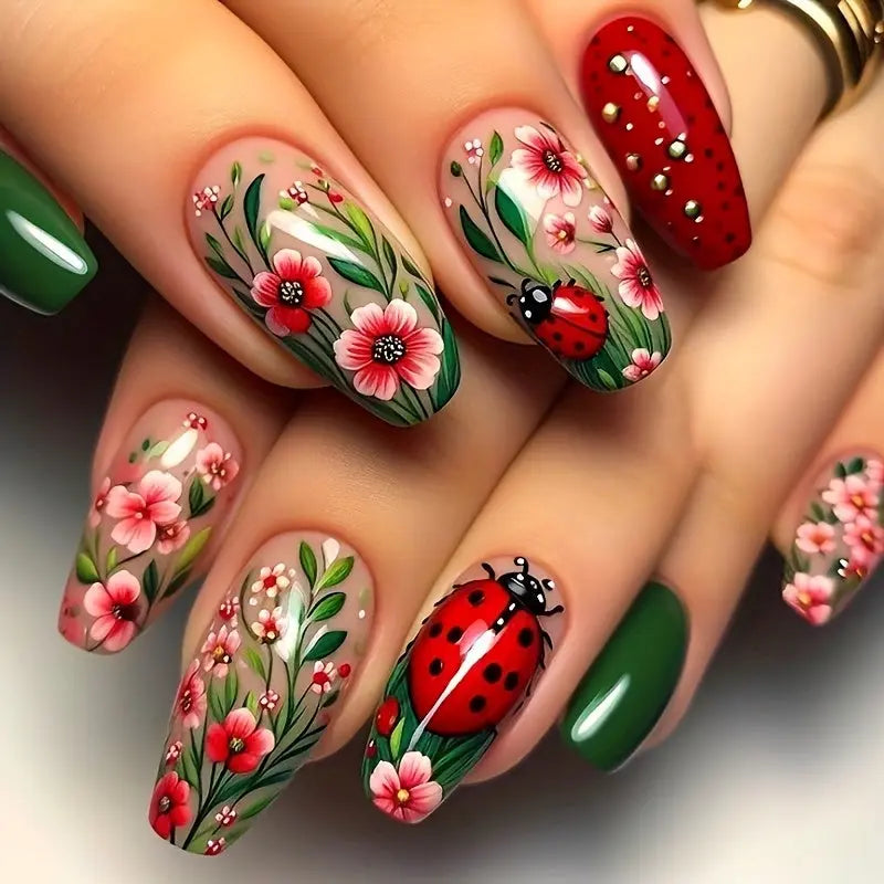 24pcs of Green Spring/Summer Style Wearable Nails, Small Fresh Flower Red False Nail Stickers, Seven-Star Ladybug Sweet Girl Ins Style Finger Nails