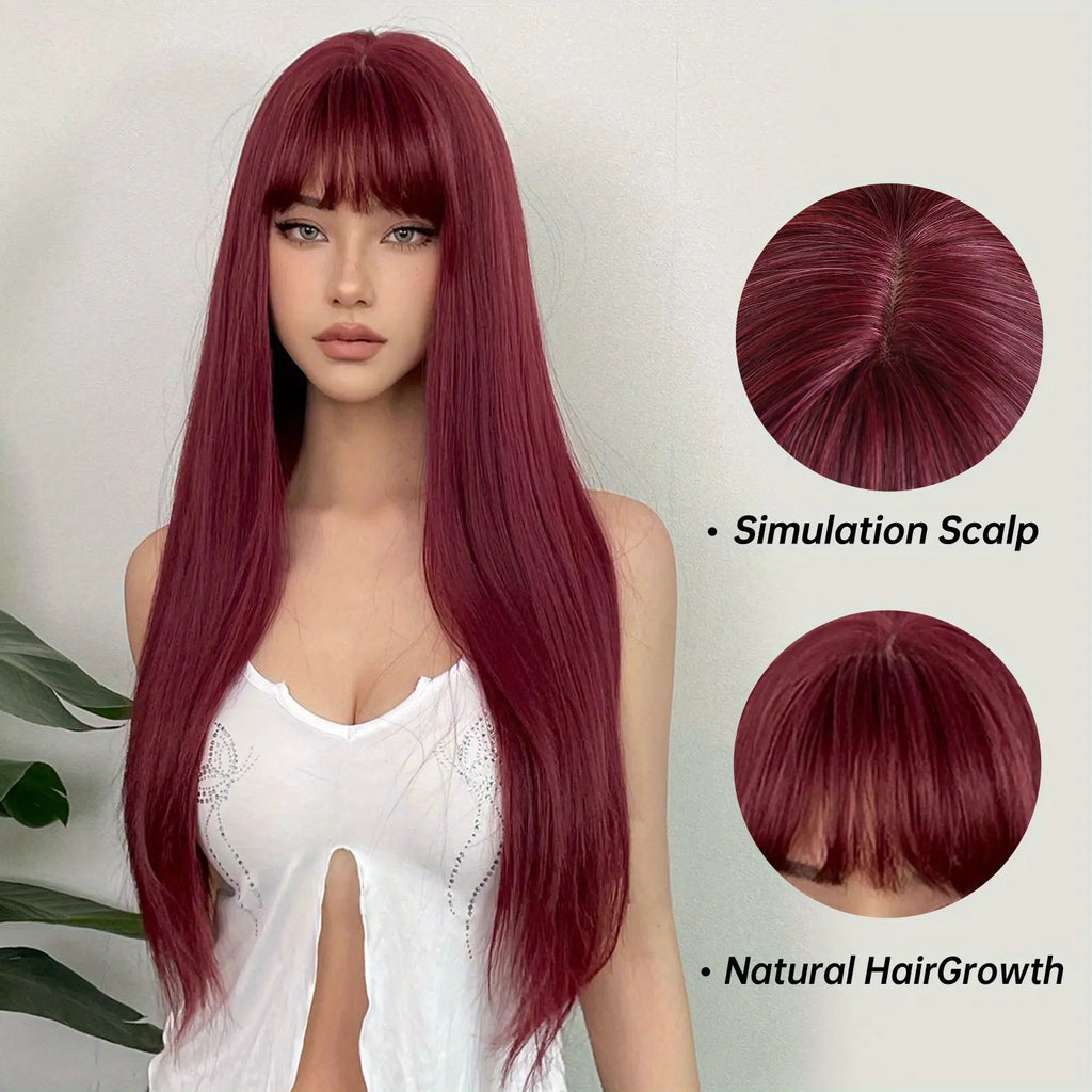 Silvery Grey 26 Inch Long Straight Hair Wigs With Bangs Heat Resistant Synthetic Hair Wigs For Women Girls For Cosplay Party Daily Taking Photos Use Music Festival