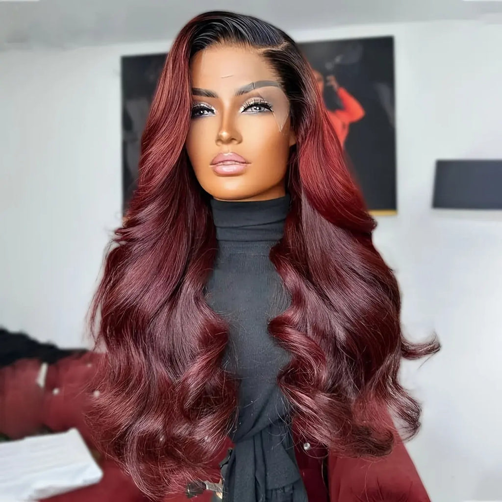 99J Lace Front Wig Synthetic Hair Loose Curly Wave Glueless Wigs for Women Dark Burgundy with Black Roots Body Wave Pre Plucked with Baby Hair