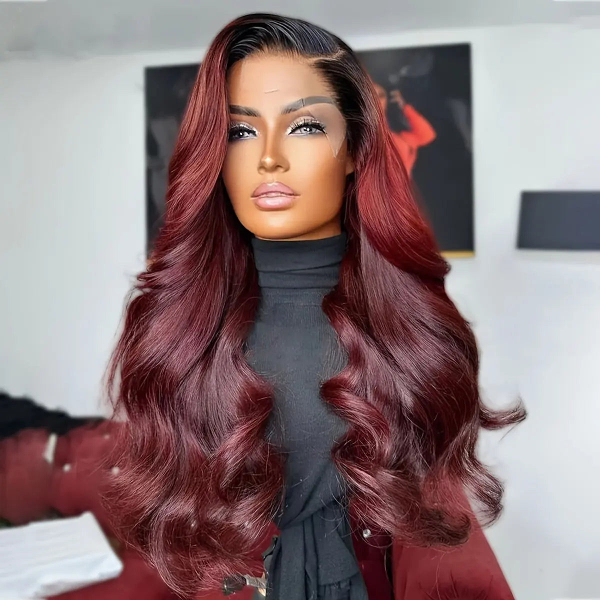 99J Lace Front Wig Synthetic Hair Loose Curly Wave Glueless Wigs for Women Dark Burgundy with Black Roots Body Wave Pre Plucked with Baby Hair