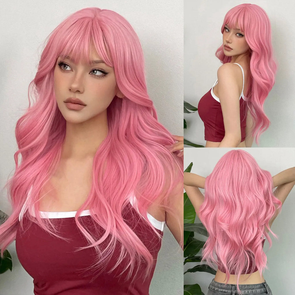 [Pink Hair Wigs] Pink 24 Inch Synthetic Fiber Hair Wigs With Bangs | Long Body Wave Hair Wigs For Women Girls | For Daily Party Cosplay Use Music Festival