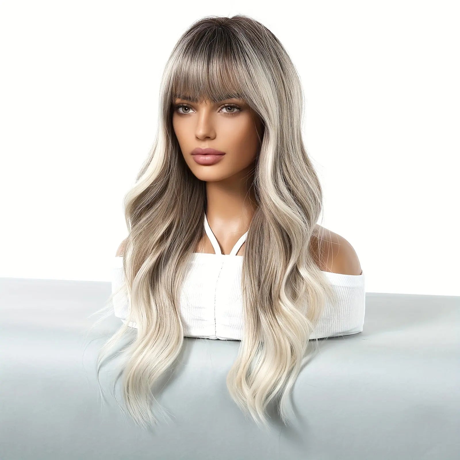 Woven Wigs Women's Basic Long Loose Wave Blonde Gradient Wig with Bangs, Tang Long Synthetic Fiber, Rose Net Cap, High Density 130% for Caucasian