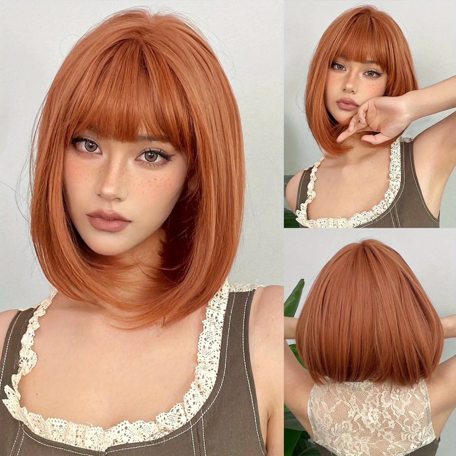 Brown 14 Inch Bob Short Straight Hair Wigs With Bangs Cute Synthetic Fiber Women's Wigs For Daily Halloween Party Cosplay Use Music Festival