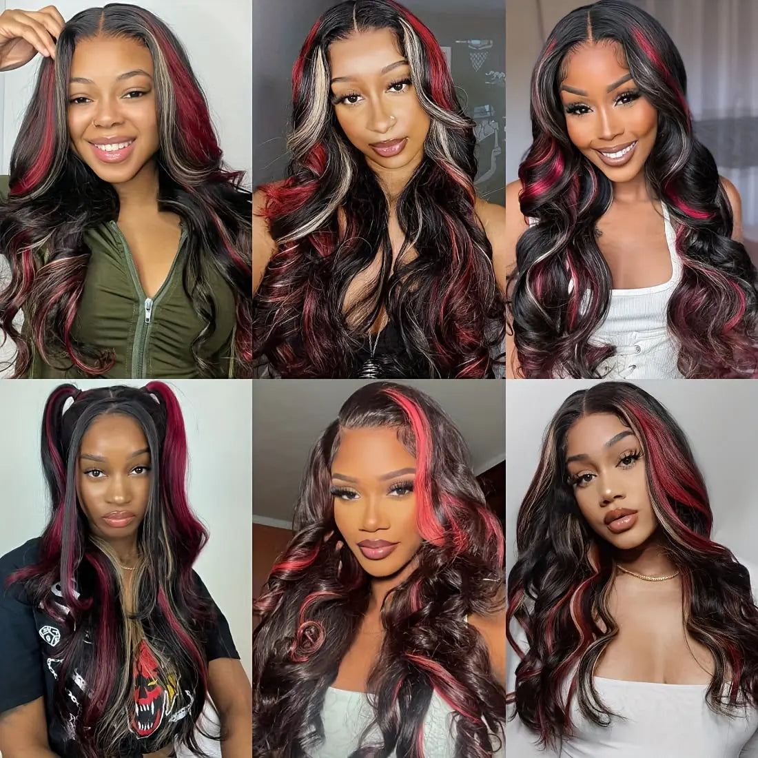 13*4 Lace front wig Skunk Stripe Wigs Black Red Blonde Highlights Wig Body Wavy Lace Front Glueless Curly Wig Black Blonde Burgundy Synthetic Lace Front Wigs for Women
