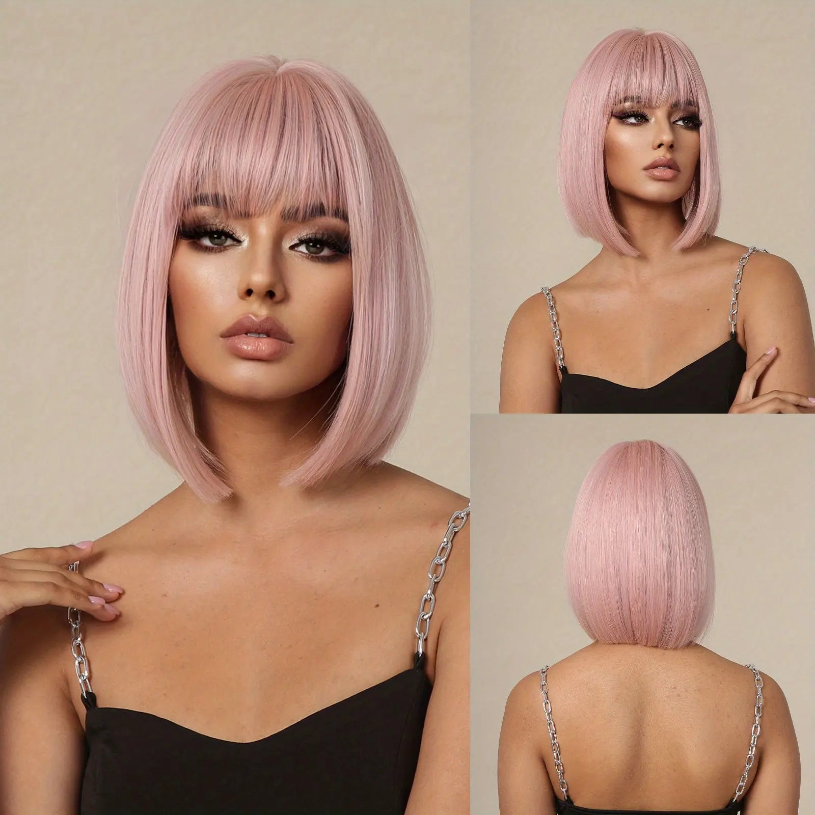 Brown 14 Inch Bob Short Straight Hair Wigs With Bangs Cute Synthetic Fiber Women's Wigs For Daily Halloween Party Cosplay Use Music Festival