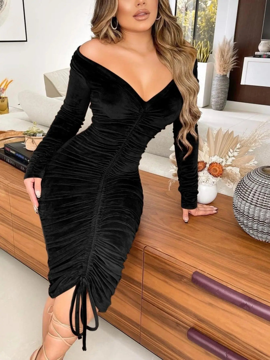 Women's Dresses V Neck Off The Shoulder Velvet Ruched Mid-length Dresses Avivanastore