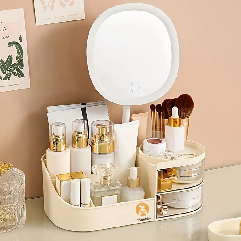 1 Cosmetic Storage Box with Mirror, Two Transparent Drawers, 5 Compartments, Equipped with LED Three-color Light Mirror, Very Suitable for Storing Lipsticks, Perfumes, Foundation Brushes, Face Masks, Multi-functional Dressing Avivanastore