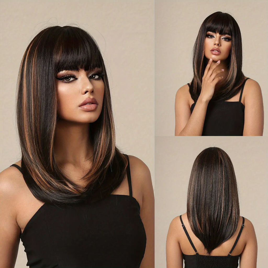 16 Inches Long Straight Brown Wigs with Brown Highlight Synthetic Wigs Women'S Wigs for Daily Use Party or Cosplay Taking Photos LC2078-1