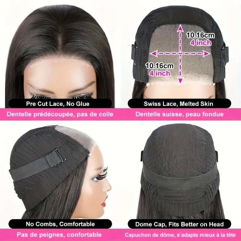 Wear & Go Glueless Bob Wig Human Hair 4x4 HD Lace Front Closure - 200% Density 's Straight Hair System with Pre-Plucked Hairline & 3D Technology (No Glue/Bond) | Instant Volume, Short Bob Cut Wigs