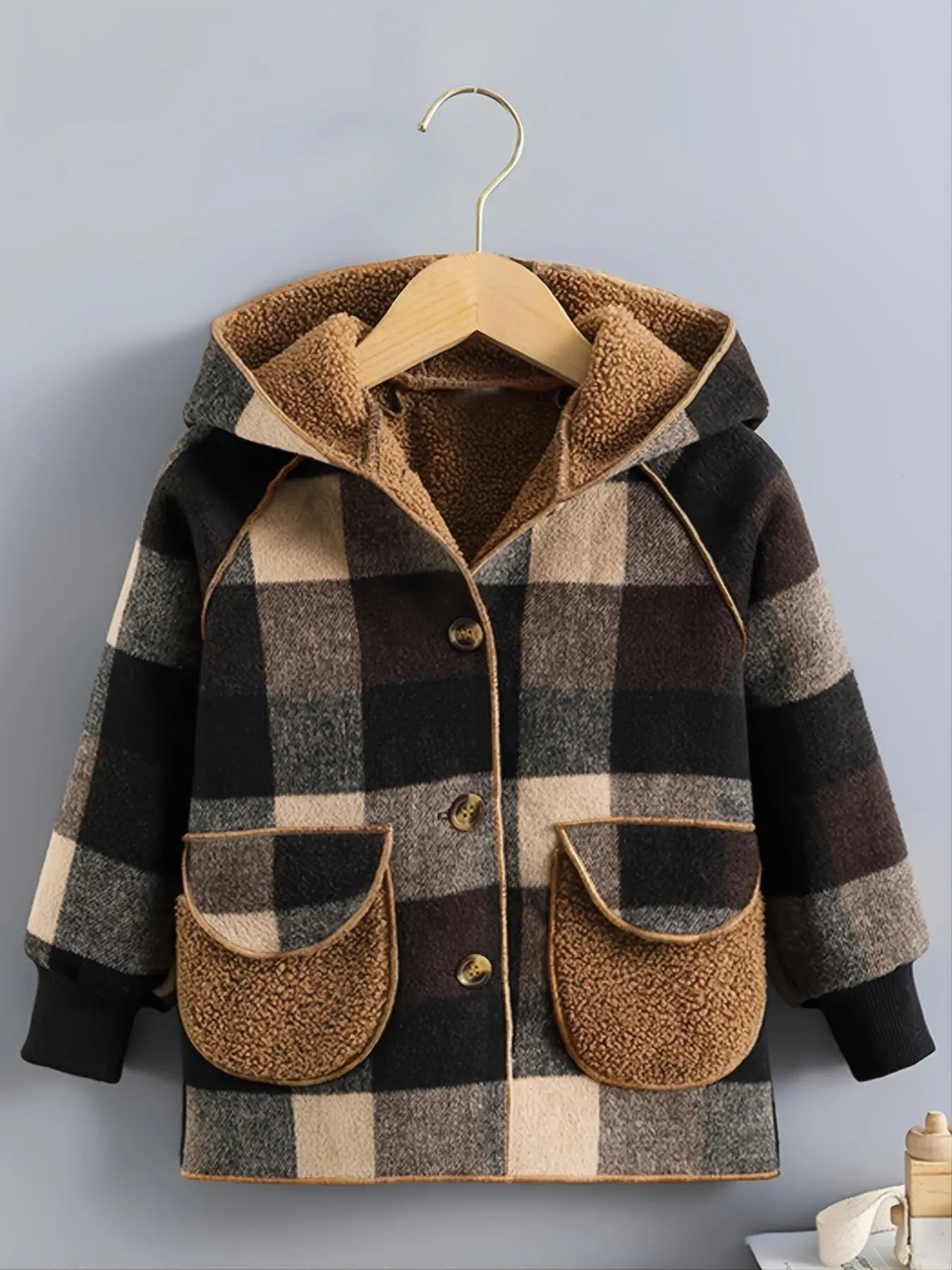 Boys' Long Sleeve Plaid Fleece-Lined Jacket with Button Front & Pockets - Cozy Fall/Winter Warmth, Casual Cardigan Collar, Brown/ Tartan Pattern, Machine Washable For Outdoor Play & Casual Attire, Winter Jacket For Boys, Fall Avivanastore