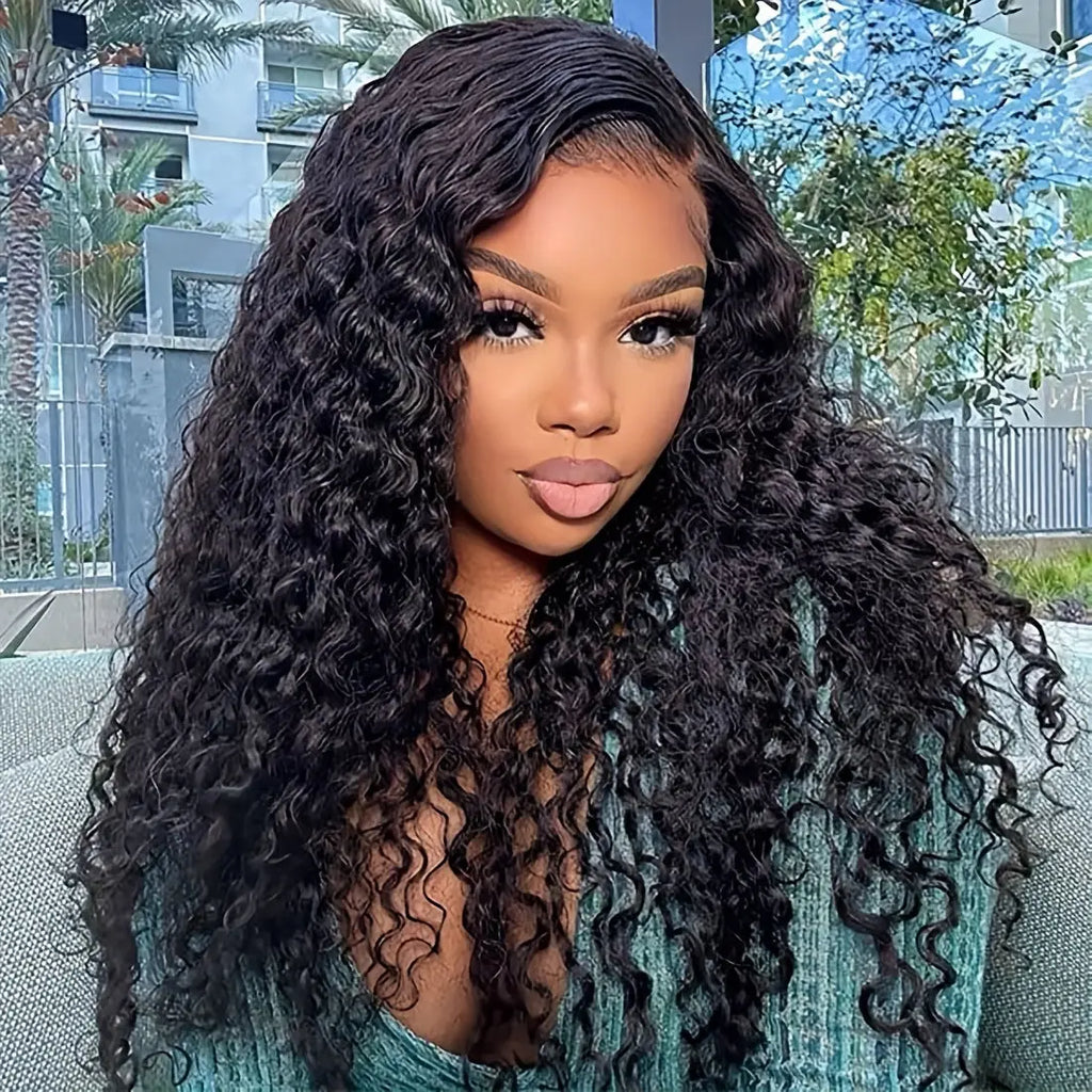 Put On And Go 13x6 Water Wave Wig - Glueless Human Hair Wig with 200% Density, Pre-Plucked & Pre-Cut HD Lace Frontal, Deep Curly Wigs for Women, Easy to Wear for Beginners, Natural Look for Black Individuals, Wig Accessories