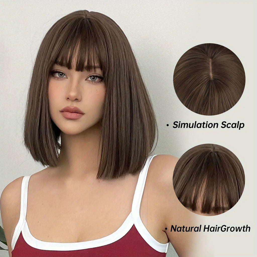 Brown 14 Inch Bob Short Straight Hair Wigs With Bangs Cute Synthetic Fiber Women's Wigs For Daily Halloween Party Cosplay Use Music Festival