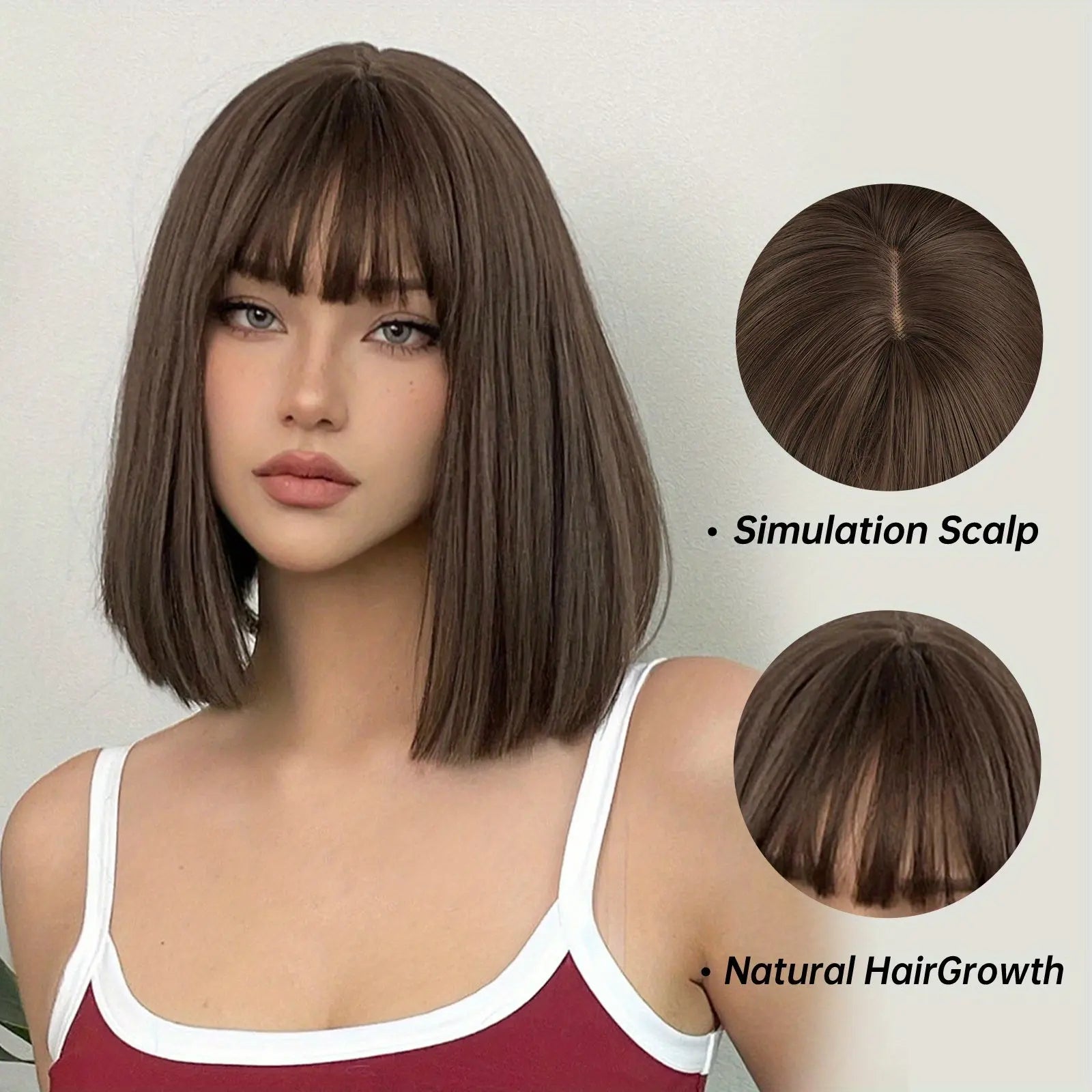 Brown 14 Inch Bob Short Straight Hair Wigs With Bangs Cute Synthetic Fiber Women's Wigs For Daily Halloween Party Cosplay Use Music Festival