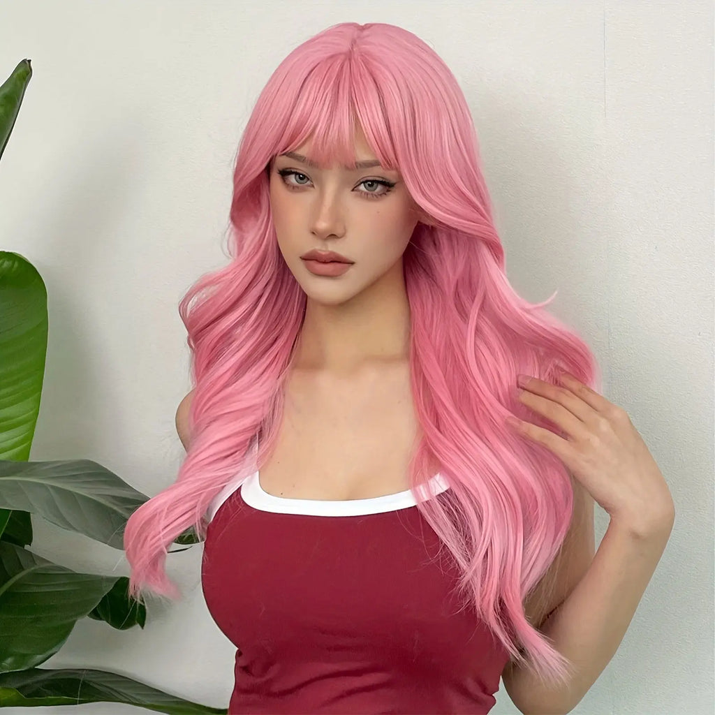 [Pink Hair Wigs] Pink 24 Inch Synthetic Fiber Hair Wigs With Bangs | Long Body Wave Hair Wigs For Women Girls | For Daily Party Cosplay Use Music Festival