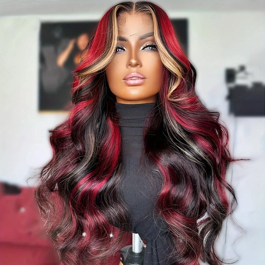 13*4 Lace front wig Skunk Stripe Wigs Black Red Blonde Highlights Wig Body Wavy Lace Front Glueless Curly Wig Black Blonde Burgundy Synthetic Lace Front Wigs for Women
