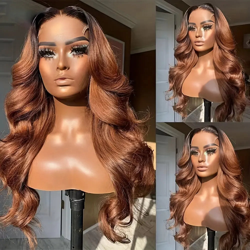 Loose Body Wave Lace Front Wig Auburn Blonde With Black Roots Synthetic Lace Front Wigs For Women Heat Resistant Fiber 13x4 Inch Lace Wigs Long Wavy Wigs For Daily Party Use