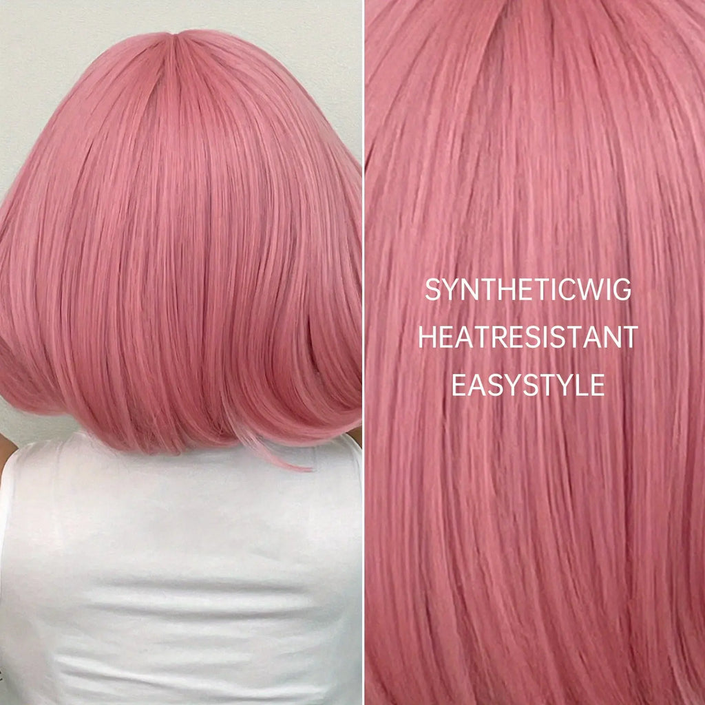 Brown 14 Inch Bob Short Straight Hair Wigs With Bangs Cute Synthetic Fiber Women's Wigs For Daily Halloween Party Cosplay Use Music Festival