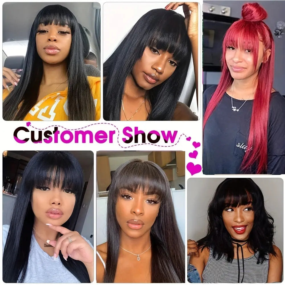 Straight Human Hair Wigs With Bangs None Lace Front Wigs Human Hair Straight Wigs 150% Density Put On And Go Wigs Brazilian Virgin Human Hair Wigs For Women Natural Color