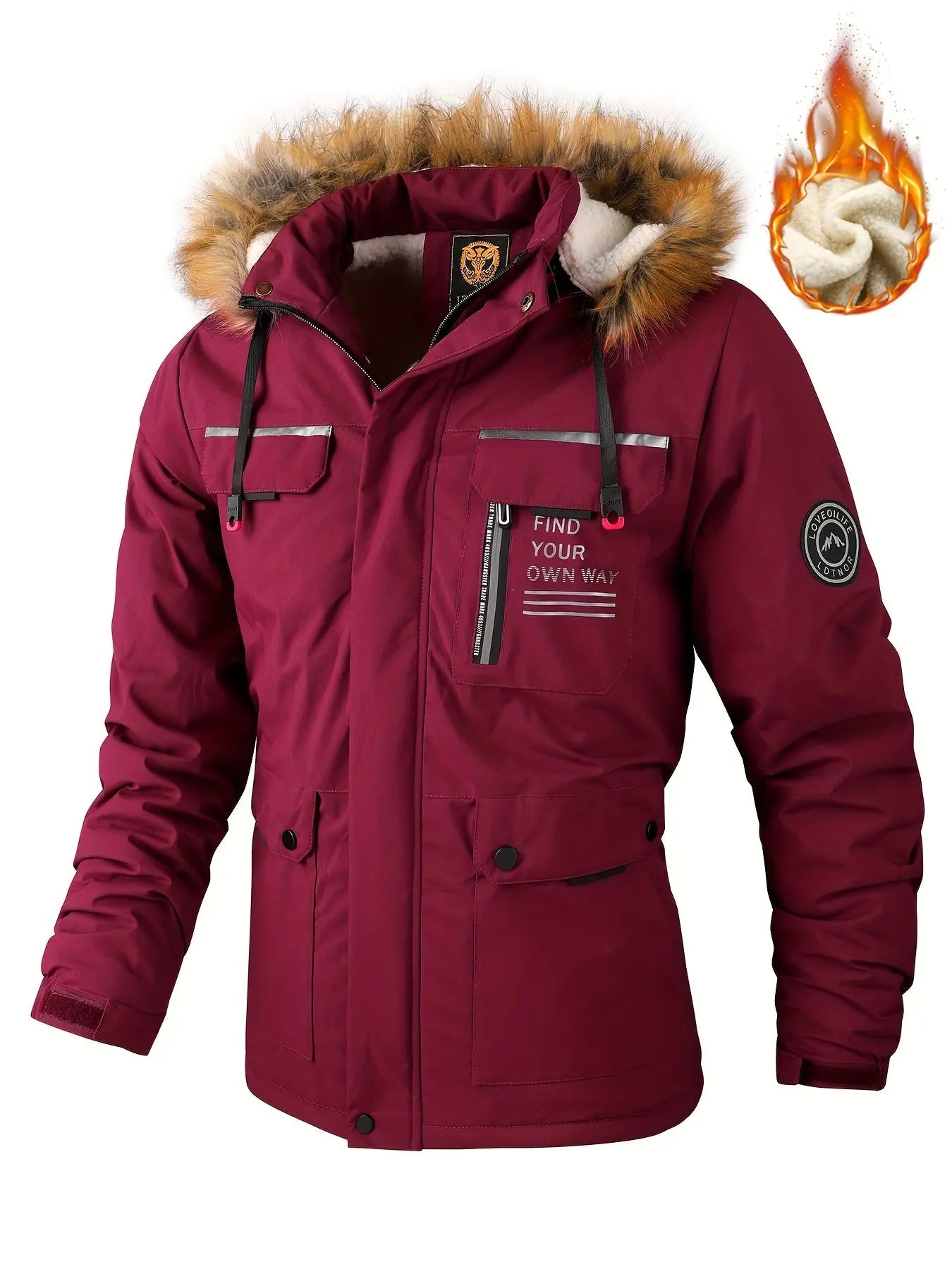 Men'S Winter Windbreaker Jacket with Warm Hood - Maroon Zip-Up Outdoor Coat, Stand Collar, Multiple Pockets, Casual Sporty Design for Cold Weather, Winter Jacket Avivanastore