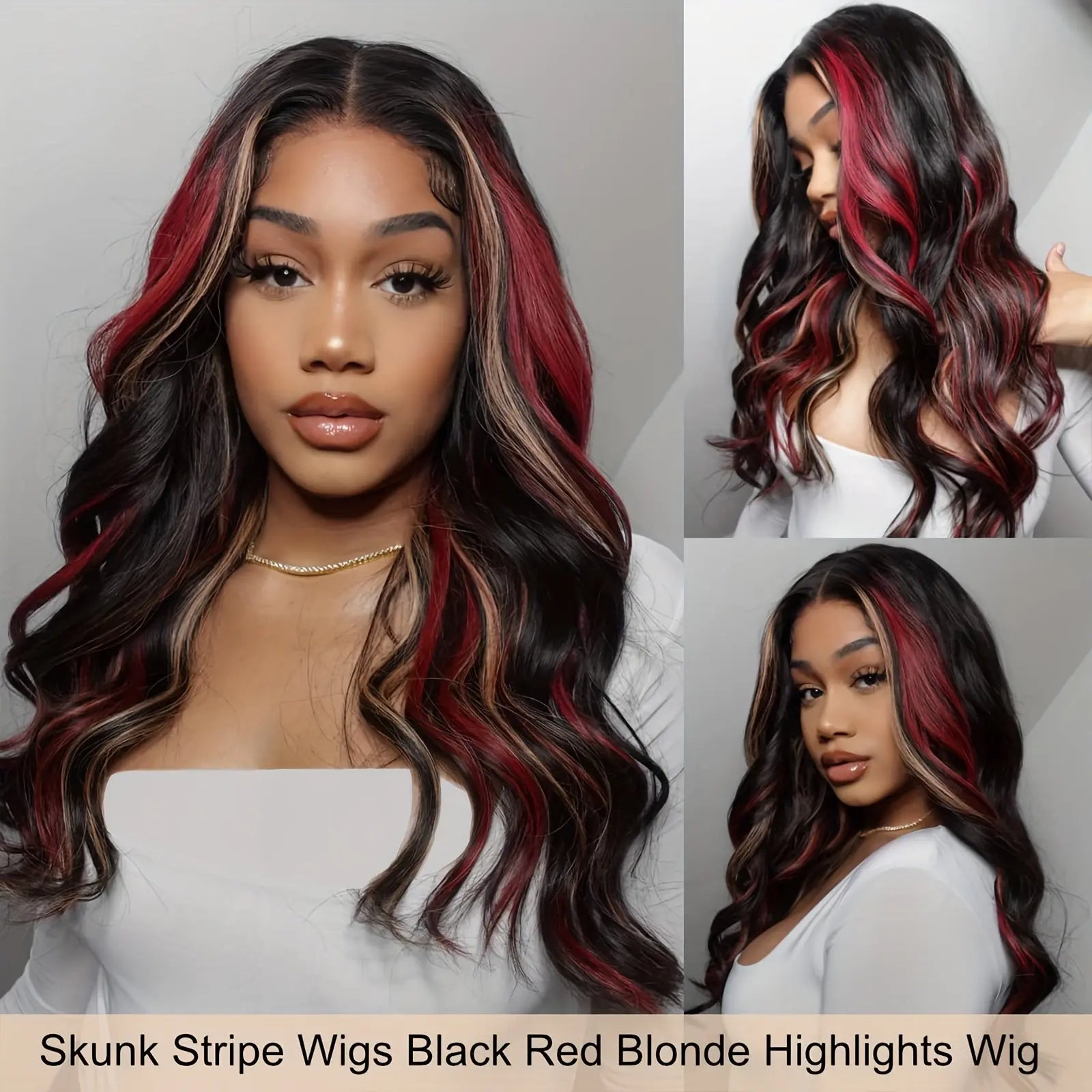 13*4 Lace front wig Skunk Stripe Wigs Black Red Blonde Highlights Wig Body Wavy Lace Front Glueless Curly Wig Black Blonde Burgundy Synthetic Lace Front Wigs for Women
