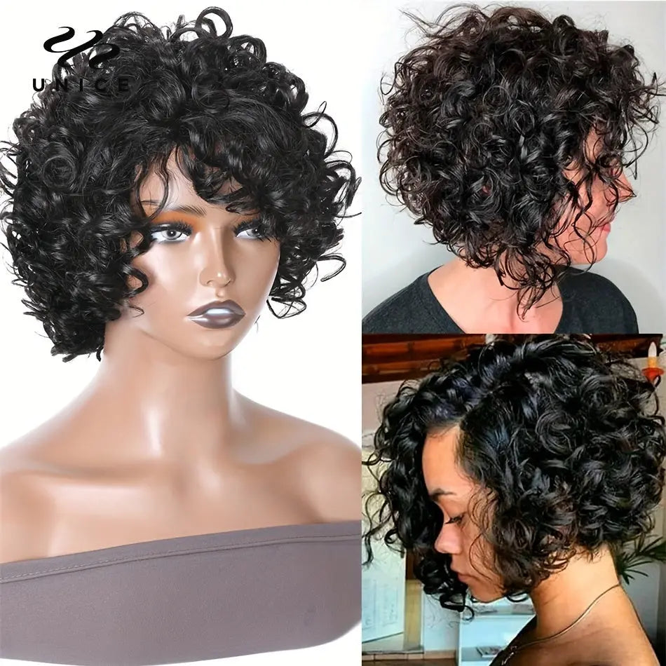 [Short Bouncy Pixie Cut Wig] Unice Hair Short Loose Curly Wigs Brazilian Hair Bouncy Waves Pixie Cut Wig Fluffy Curls Bob Wig For Women Human Hair Wigs