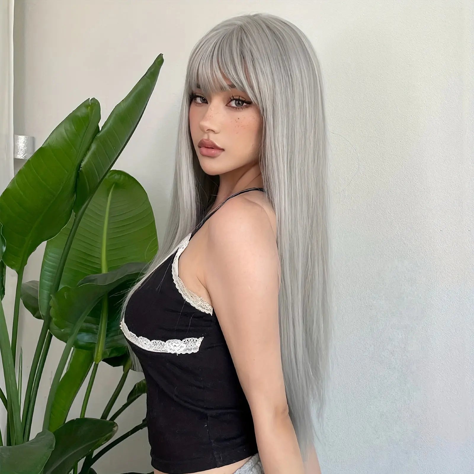 Silvery Grey 26 Inch Long Straight Hair Wigs With Bangs Heat Resistant Synthetic Hair Wigs For Women Girls For Cosplay Party Daily Taking Photos Use Music Festival
