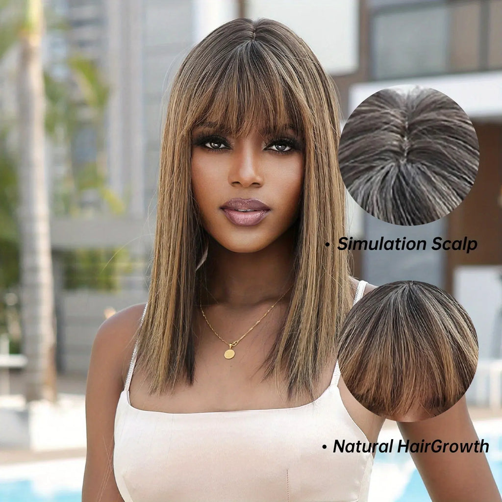 16 Inches Long Straight Brown Wigs with Brown Highlight Synthetic Wigs Women'S Wigs for Daily Use Party or Cosplay Taking Photos LC2078-1