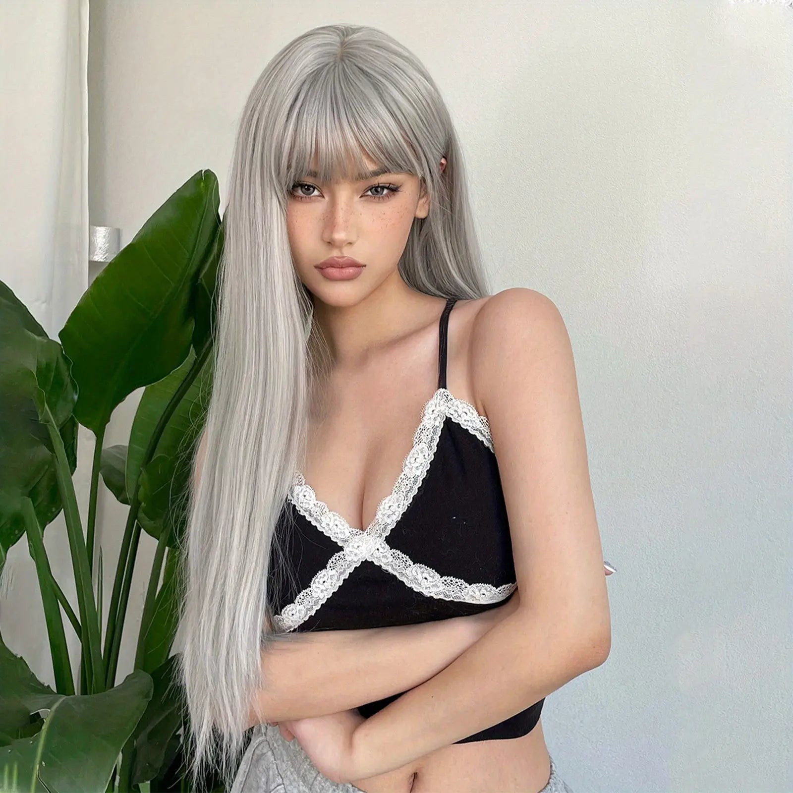 Silvery Grey 26 Inch Long Straight Hair Wigs With Bangs Heat Resistant Synthetic Hair Wigs For Women Girls For Cosplay Party Daily Taking Photos Use Music Festival