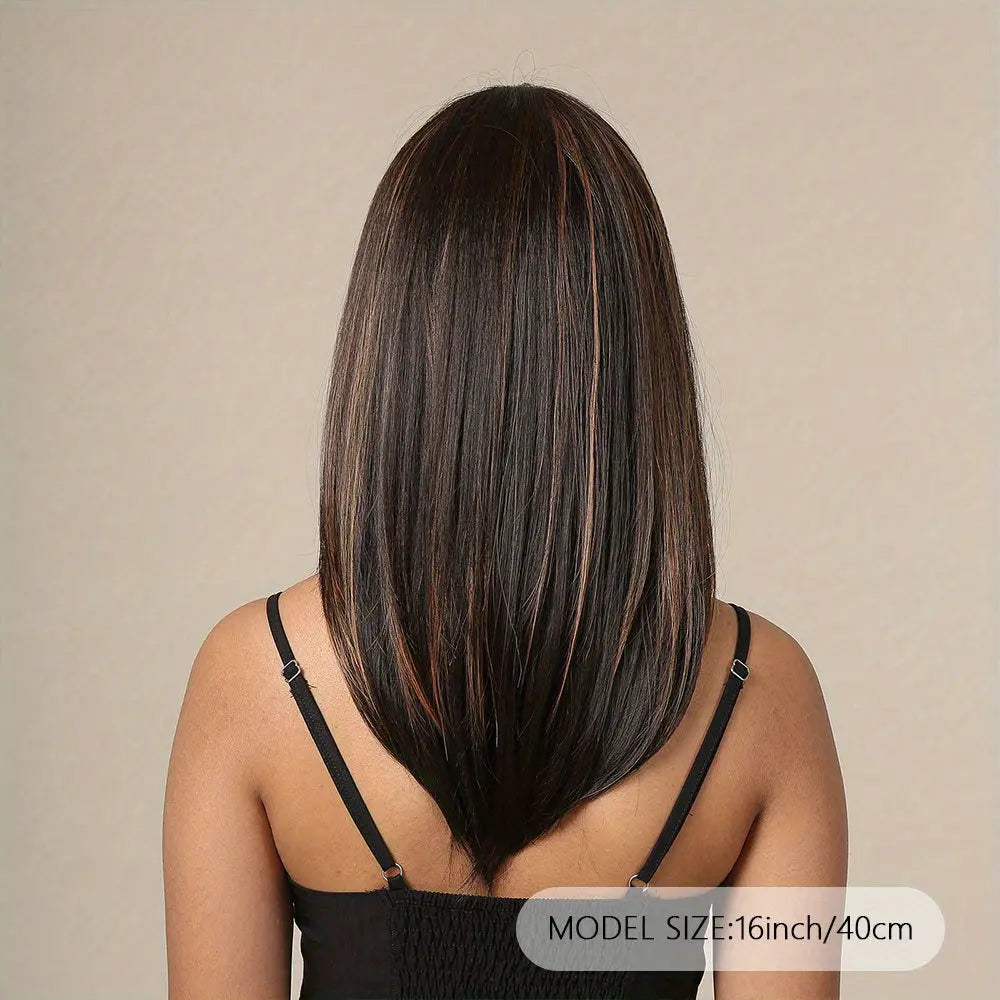 16 Inches Long Straight Brown Wigs with Brown Highlight Synthetic Wigs Women'S Wigs for Daily Use Party or Cosplay Taking Photos LC2078-1